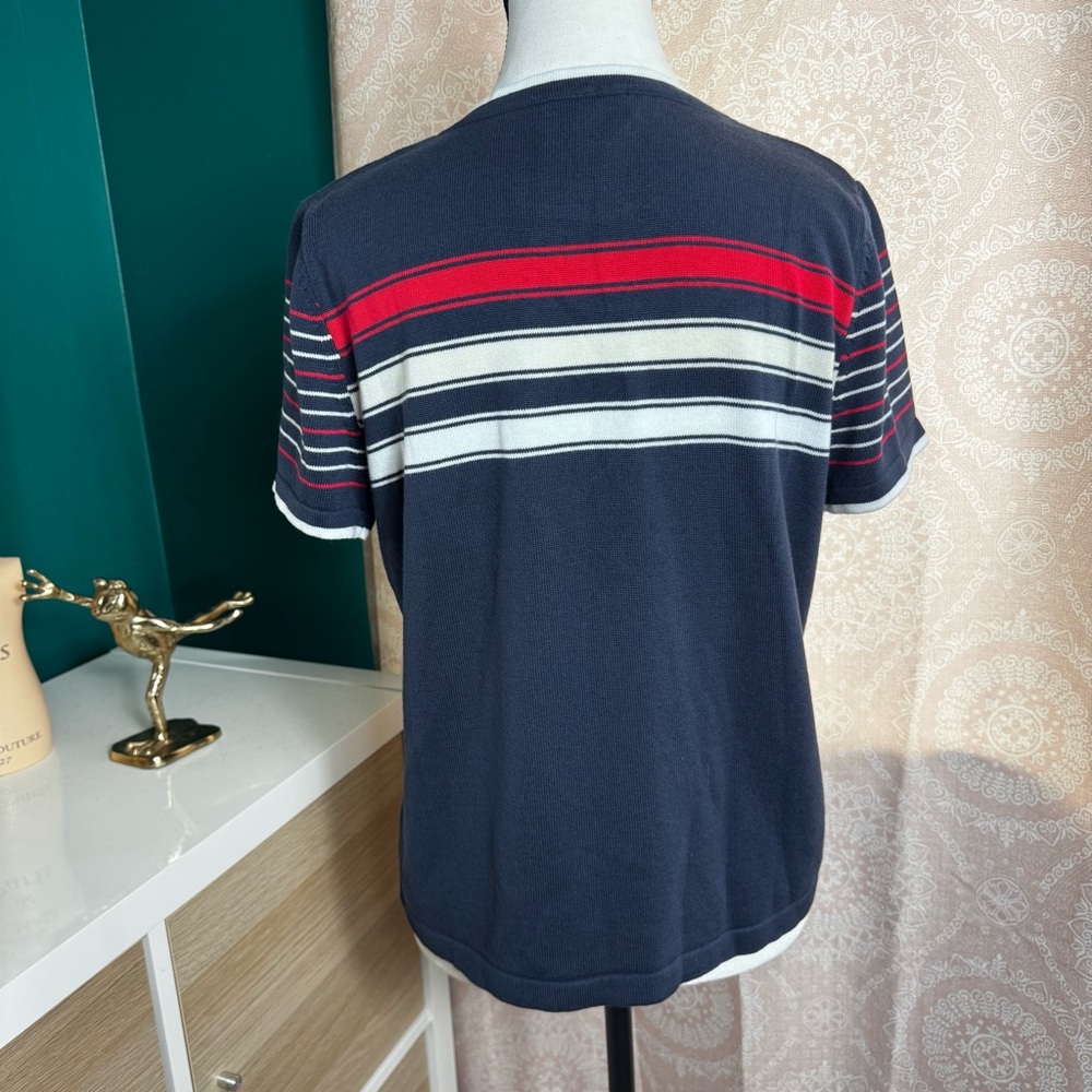 Christopher Banks Patriotic Navy Striped Star Knit Tee Size Medium Granny Chic - Picture 3 of 9